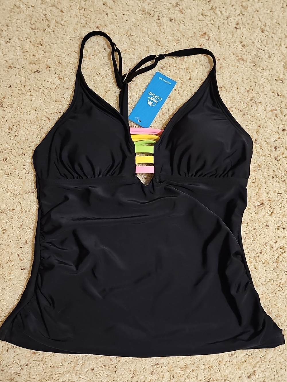 Cupshe Black One-Piece with Neon Pink and Neon Yellow Strap Accents